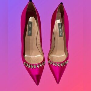 SJP by Sarah Jessica Parker Hot Pink Satin Pointed Toe Heels with Crystal Trim